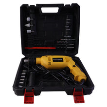 Drill machine tool kit open carry case white background all accessories