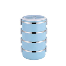 Multi-layered hot lunch box with four stainless steel layers.