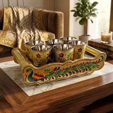 Peacock Design Glass with Handle and Handicraft Serving Tray Set