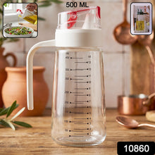 500ml Glass Oil Dispenser Bottle with Auto-Flip Cap, Measurement Markings and Usage Inset Images Showing Oil Pouring on Salad