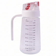 500ml Clear Glass Oil Dispenser Bottle with White Side Handle, Red Auto-Flip Lid and Printed ml and oz Measurement Scale on White Background