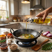 Glass Oil Dispenser Bottle Pouring Oil in Pan Cooking Lifestyle